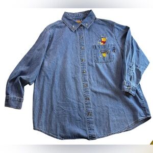 Disney Vtg Pooh “Bee a Friend” Blue Denim Button Down Shirt w/ Embroidery